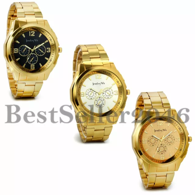 NEW Luxury Men Gold Tone Band Stainless Steel Analog Quartz Fashion Wrist Watch