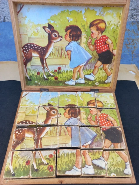 Jeu De Cubes En Bois Ancien - 24 Pièces Puzzle Vintage, Occasion