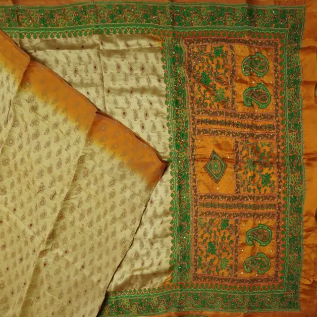 Vintage Fauve Couleur Saris 100% Pure Soie Main Brodé Sari 4.6m Artisanat Tissu