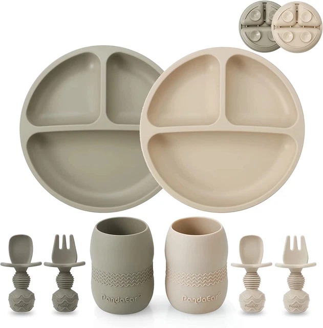 Baby Feeding Set 2 Divided Suction Plate and 2 Cup 2 Spoons 2 Forks Silicone