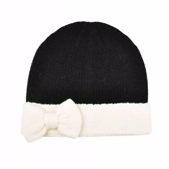 NWT Kate Spade Black and Cream White knit beanie with bow O/S