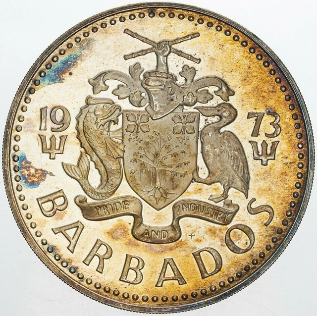 1973 Barbado 5 Dollars Silver Proof Superb Bold Color Toned Choice (Mr)