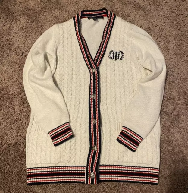 Tommy Hilfiger Varsity Cardigan Knit Long Sleeve White Women's Size S Petites