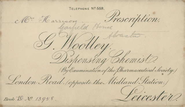 Antique Prescription Envelope G Woolley Chemist Leicester To Mrs Harrison