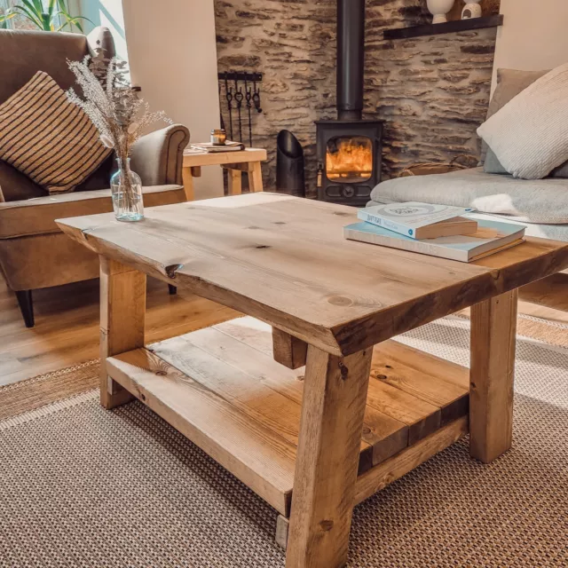 Waney / Live Edge Coffee Table Rustic Solid Wood With Shelf And Angled Legs