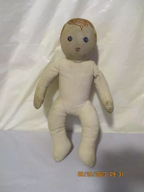 VTG Antique Folk Art Hand Made Hand Embroidered Face & Hair Cloth Baby Doll 14"