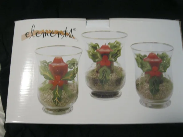 Elements Set of 3 Holly Hurricane Glass Candle Holders In Box