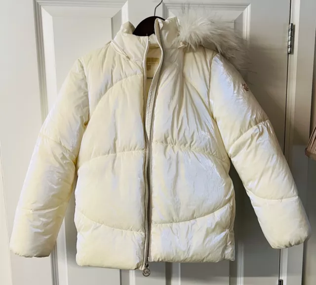 Michael Kors girls pearlised white hooded coat with faux fur trim girls UK 10-12