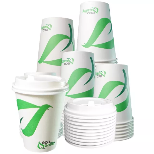 12oz Disposable Biodegradable White Paper Coffee Cups with White Dome Lids 25pcs