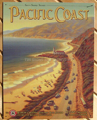 Pacific Coast TIN SIGN metal travel poster art beach coastal cottage decor 1571