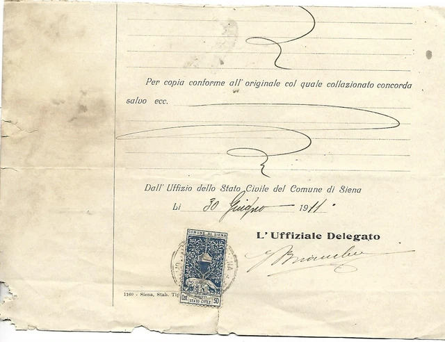 1911 Siena Certificato Di Nascita Della Figlia Del Conte Collio Servanzi