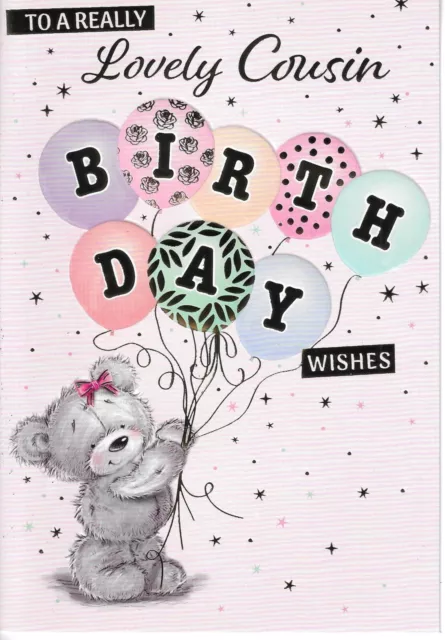 Cousin Female Birthday Greeting Card 7"X5" Cute Bear With Birthday Balloons