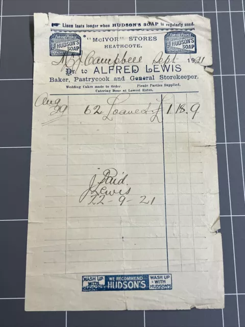 Vintage Receipt Mcivor Stores Heathcote Baker Alfred Lewis Hudsons Soap  1921