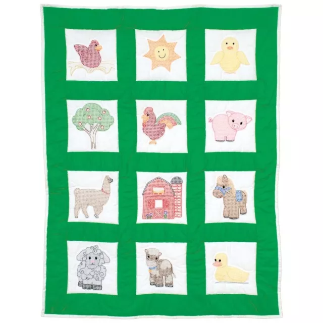 J Dempsey BABY QUILT BLOCKS 12Pc Stamped Cross Stitch Embroidery AROUND THE FARM