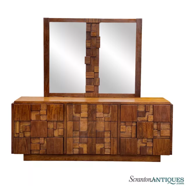 Mid-Century Lane Staccato Brutalist Walnut Credenza Dresser w/ Mirror