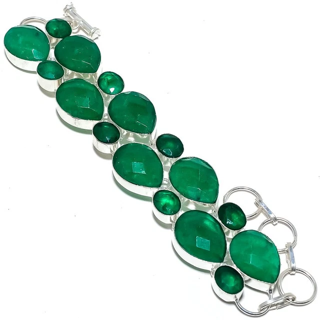Émeraude (Simulé) Pierre Fait à la Main 925 Argent Sterling Bracelet