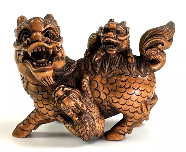 Japanese Netsuke Dragon W/ Cubs Hand Carved Boxwood 2.5” Bead Signed 石川 Ishikawa