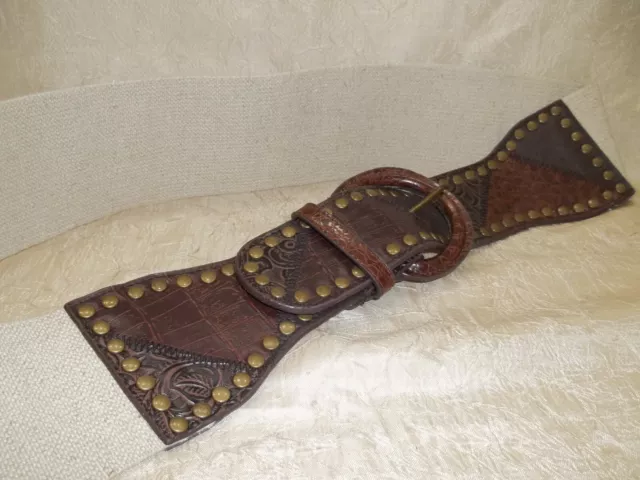 CHICOS Women's size Large Wide Brown Leather & Linen Look Stretch Belt
