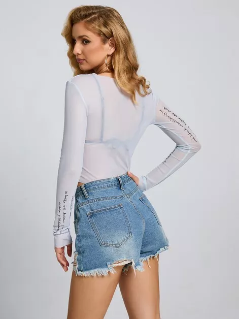 New Graphic Printed Sheer Mesh Long Sleeve Cropped Top 2