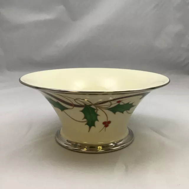 Lenox Holiday Nouveau Bon Bon Bowl Platinum Trim Holly Leaves Berries 6" D