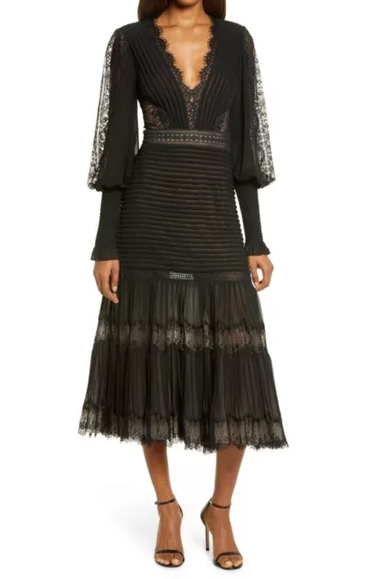 NWT TADASHI SHOJI Lace Pintuck Long Sleeve Midi Cocktail Dress Size 16 #D6915