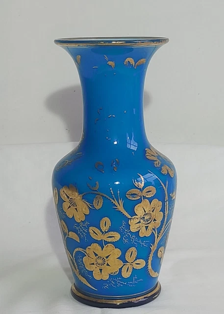 ANCIEN PETIT VASE En Opaline Bleue Macaron Tête De Chien 13 Cm EUR 15