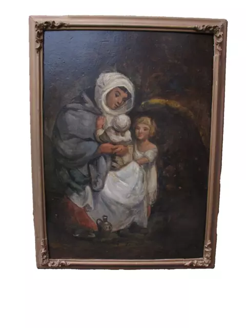 FINE ANTIQUE LARGE OIL PAINTING ON PANEL MOTHER AND CHILD IN FOREST 19th CENTURY