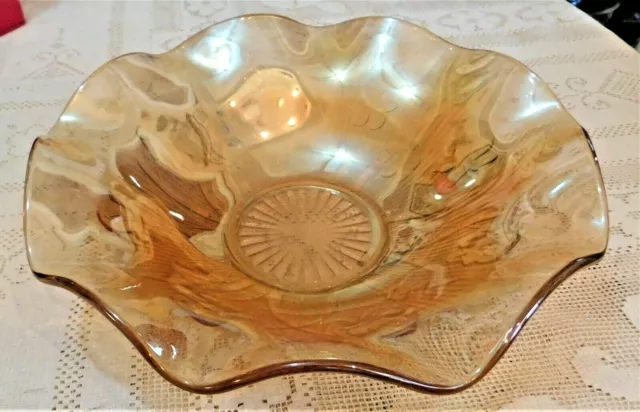 Vintage 1950'S Marigold Iridescent Carnival Glass Bowl - Wavy Edge Pattern