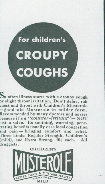 1936 Musterole Croupy Coughs Better Than Mustard Plaster Vintage Print Ad GH1