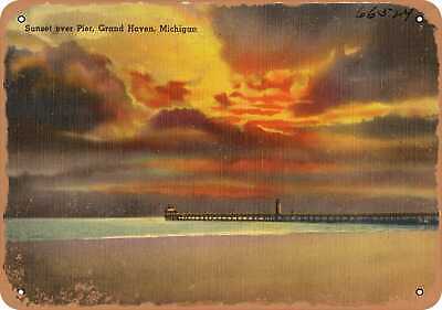 Metal Sign - Michigan Postcard - Sunset over pier, Grand Haven, Michigan
