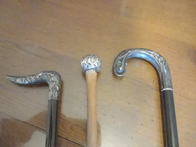 3 Ancienne Canne Pommeau Argent Massif