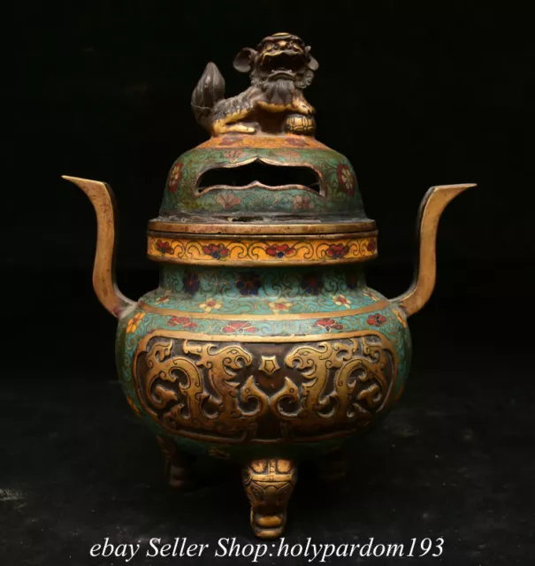 10.4" Marked Old Chinese Bronze Gilt Cloisonne 3 Leg Lion incense burner Censer