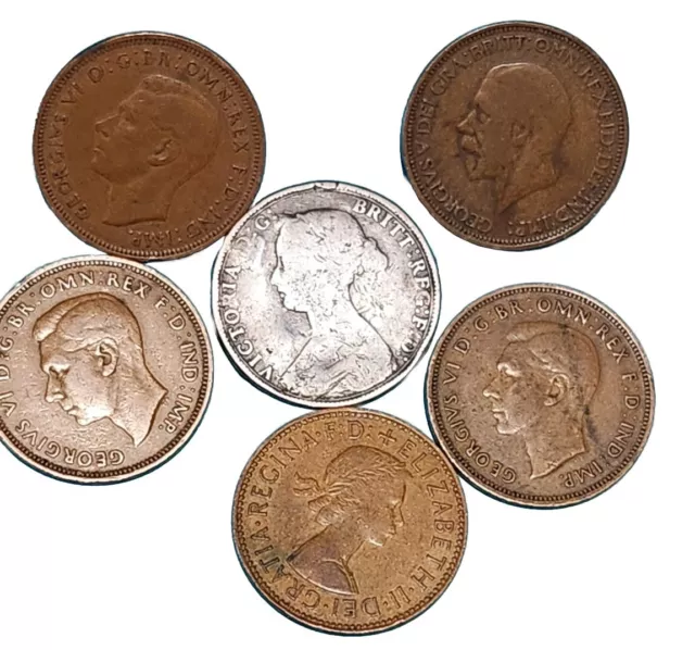 Great BRITAIN HALF PENNY MIXED DATES 6 COIN LOT 1861-1965