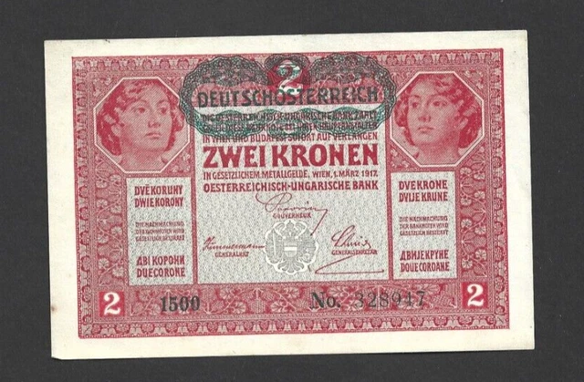 2 Kronen Extra Fine-Aunc Overprinted Banknote From Austria 1919  Pick-50