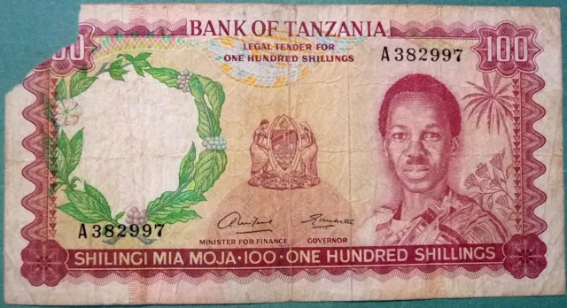 Tanzania Damaged 100 Shillingi Note From 1966, P4, Masai , Very Scarce Note