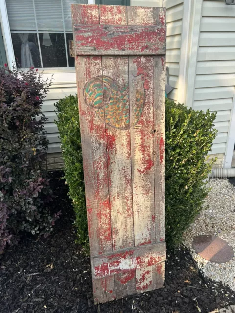 Antique Farm Door Hand Painted Rooster Chicken Primitive Barn Salvage Design