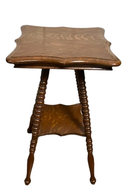 Vintage Victorian American Tiger Oak Wood Side Parlor Table Turned Legs Two-tier