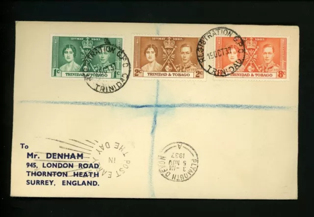 Postal History Trinidad + Tobago Scott #47-49 Registered 1937 GPO to Surrey GB
