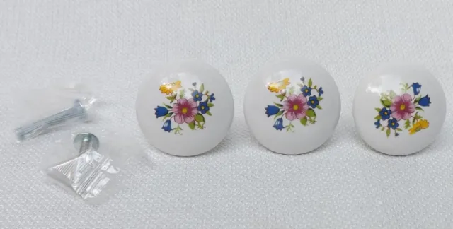 Set of 3 Vintage White Floral Ceramic Drawer Pulls Knobs Cabinet