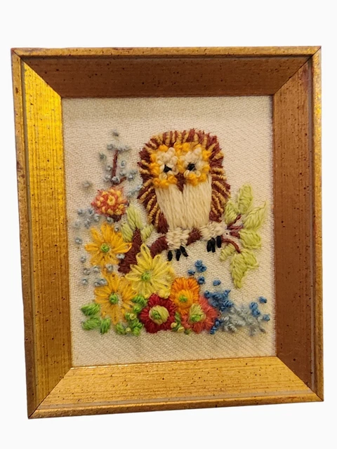 De colección FLORES DE BÚHO hilo crewel arte kitsch MCM enmarcado con aguja galería