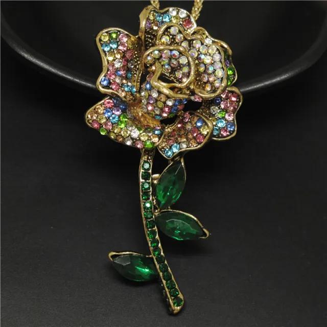 New Fashion Lady Color Rhinestone Rose Vintage Crystal Pendant Women Necklace