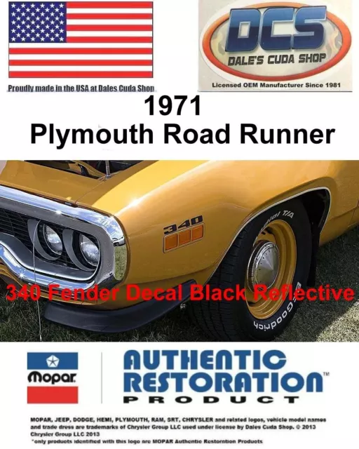 1971 Plymouth road runner 340 Black Reflective Fender Decals 3613099 MoPar USA