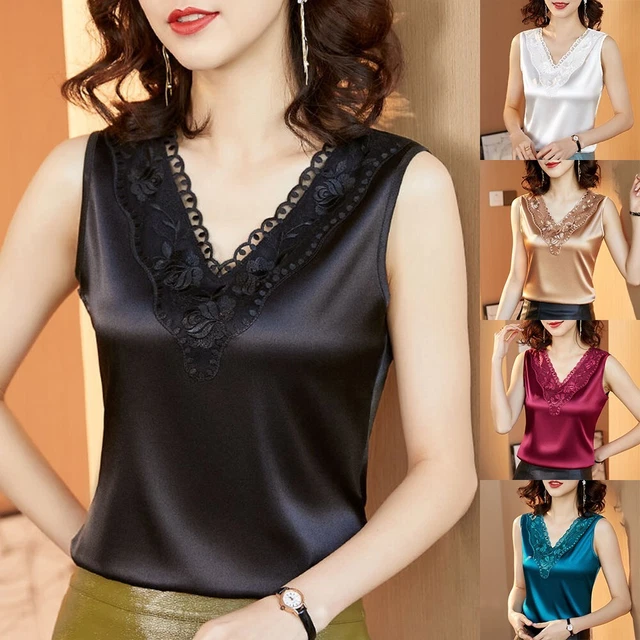 Donna Elegante Raso Seta senza Maniche Top Moda Scollo A V Canotta Blusa Estate