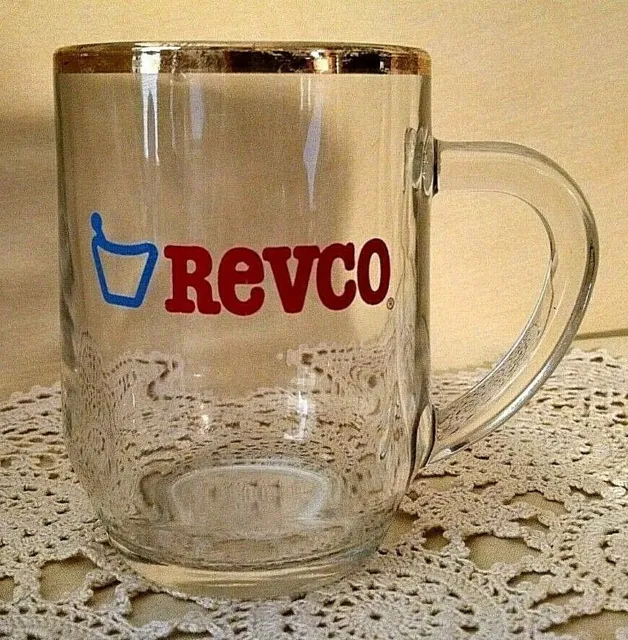 Revco Mug Glass Gold Rim Drug Store Promo Ad Usa 47 Red Blue Clear Chip As Is.
