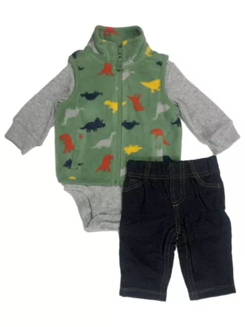 Carters Infant Boys 3pc Dinosaur Vest Gray Long Sleeve Shirt & Pants Set
