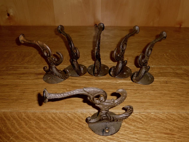 6 BROWN ANTIQUE-STYLE CAST IRON VICTORIAN STYLE WALL HOOKS rustic home decor hat