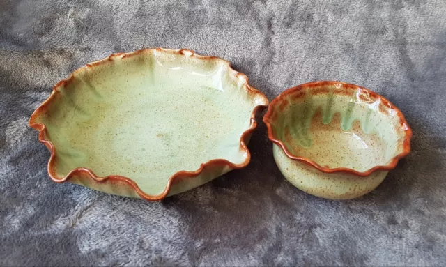 X2 Woburn Pottery Decorative Handmade Bowls Green/brown Glaze Glossy Finish 2