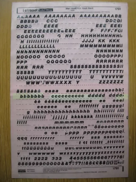 1 x Letraset Upp/Low & Num HELVETICA BOLD ITALIC  24pt 6.5mm Sheet 1791  (bb)a