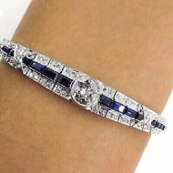 10CT Lab-Created Round Diamond & Blue Sapphire Tennis Bracelet 14K White Gold FN