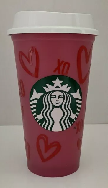 Plastic 2013 Starbucks Pink Travel Cup 16 Oz W/Lid XO Red Hearts Mermaid Logo